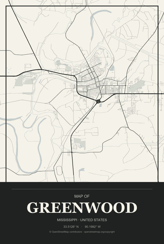 Greenwood, Mississippi City Map Aluminum Sign in Museum Plaque style