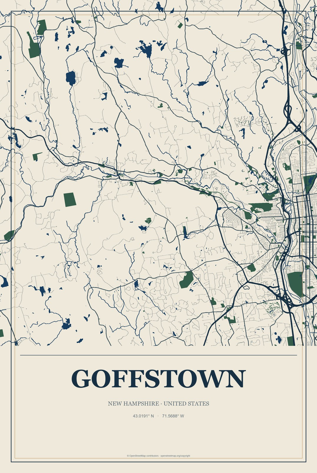 Goffstown, New Hampshire City Map Aluminum Sign in Coastal Cutout style