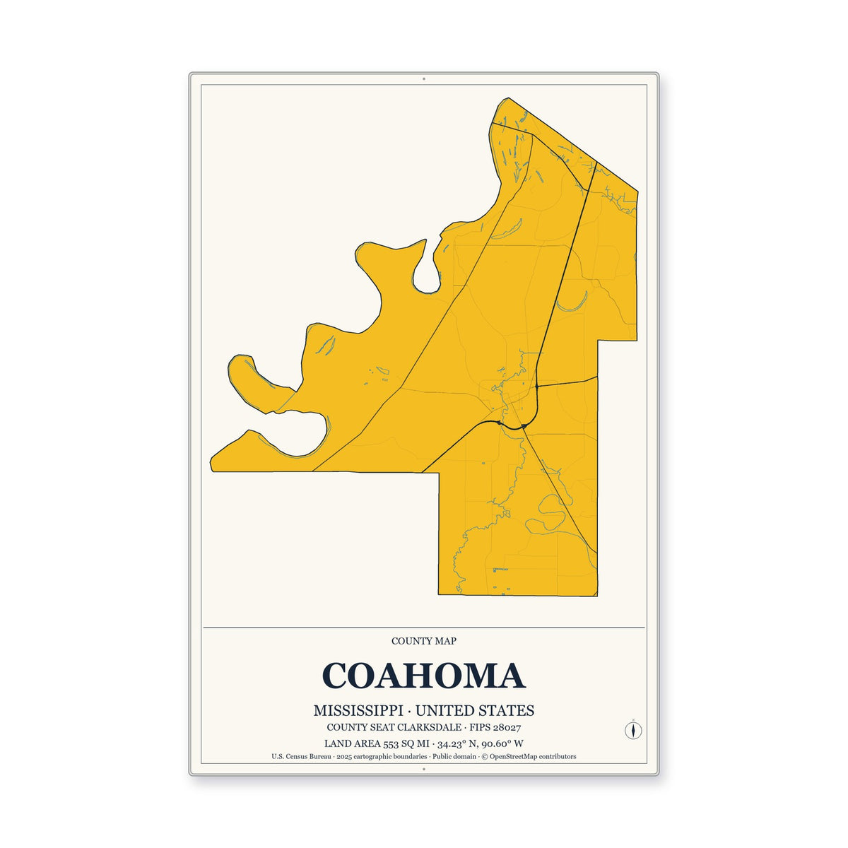 Coahoma County, Mississippi Map Aluminum Sign in Citrine Modern style