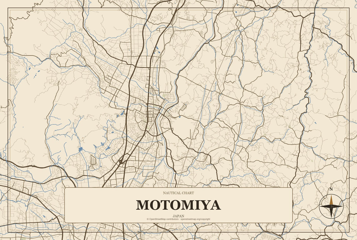 Motomiya, Japan City Map Aluminum Sign in Heritage Nautical style