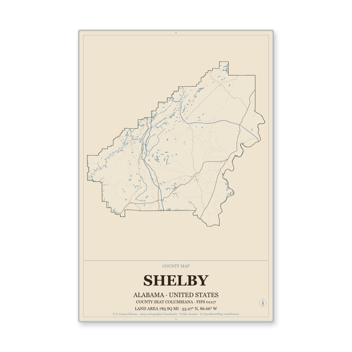 Shelby County, Alabama Map Aluminum Sign in Heritage Nautical style