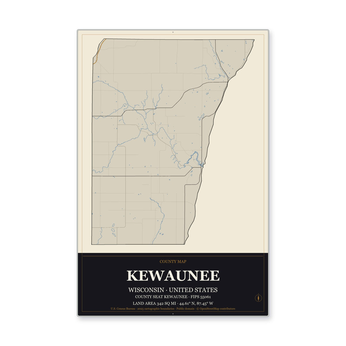 Kewaunee County, Wisconsin Map Aluminum Sign in Museum Plaque style