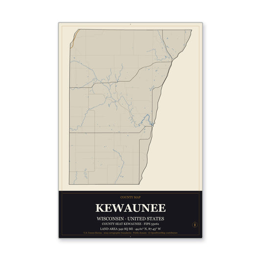 Kewaunee County, Wisconsin Map Aluminum Sign in Museum Plaque style