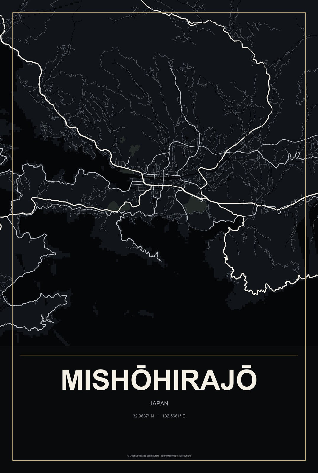 Mishōhirajō, Japan City Map Aluminum Sign in Metropolitan Noir style