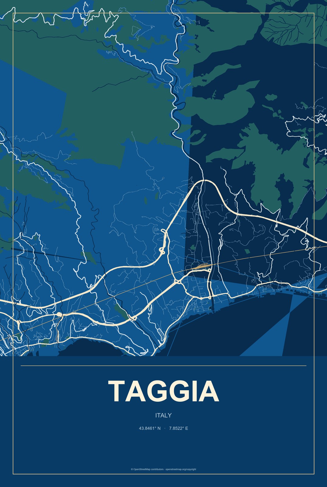 Taggia, Italy City Map Aluminum Sign in Harbor Cobalt style