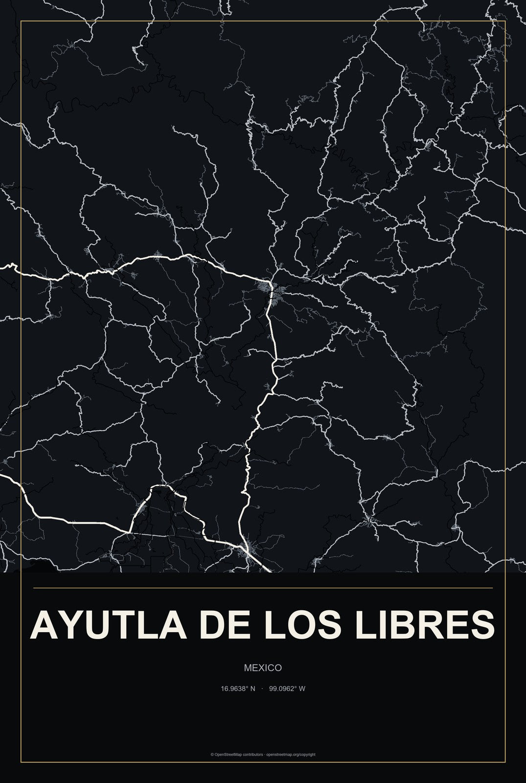 Ayutla de los Libres, Mexico City Map Aluminum Sign in Metropolitan Noir style