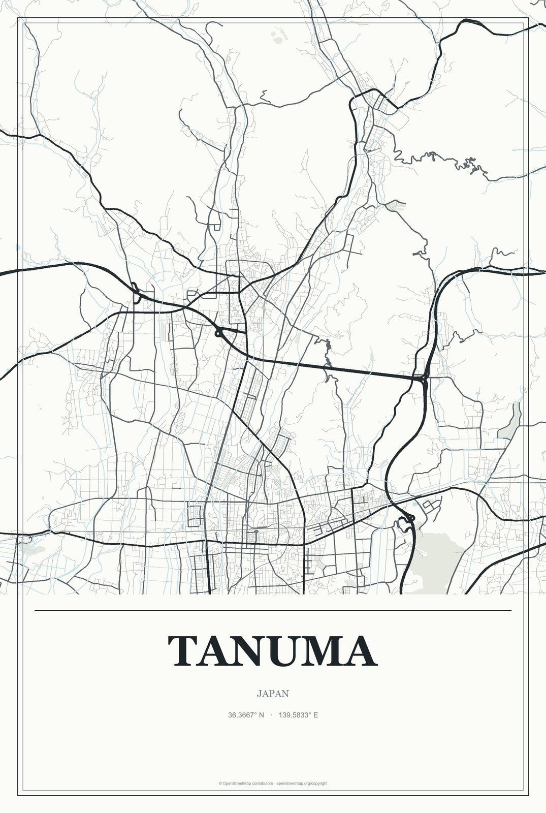 Tanuma, Japan City Map Aluminum Sign in Gallery Air style