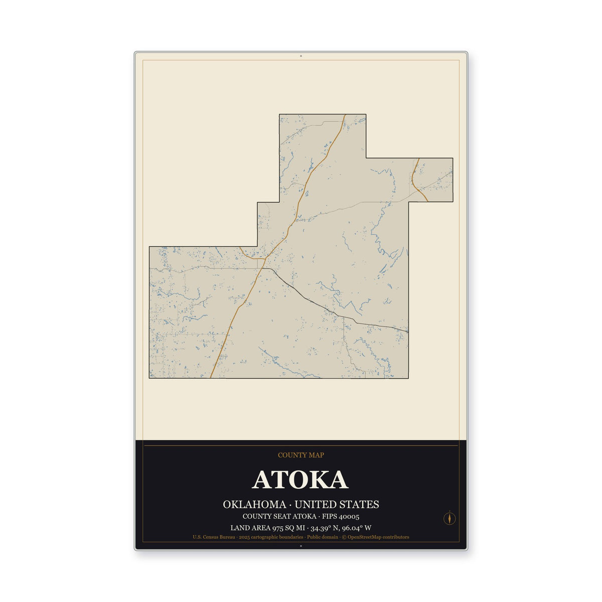 Atoka County, Oklahoma Map Aluminum Sign in Museum Plaque style