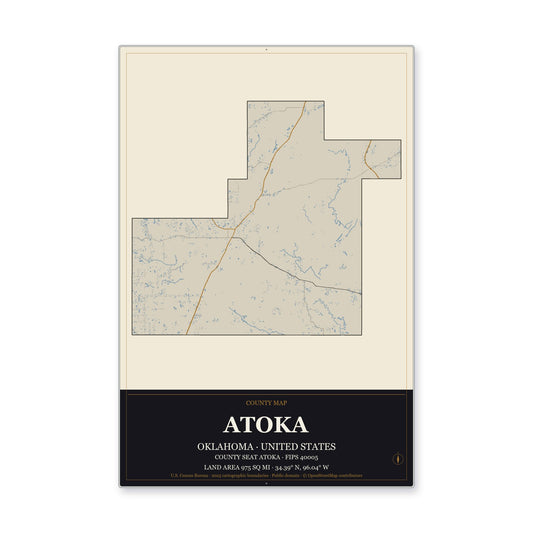 Atoka County, Oklahoma Map Aluminum Sign in Museum Plaque style
