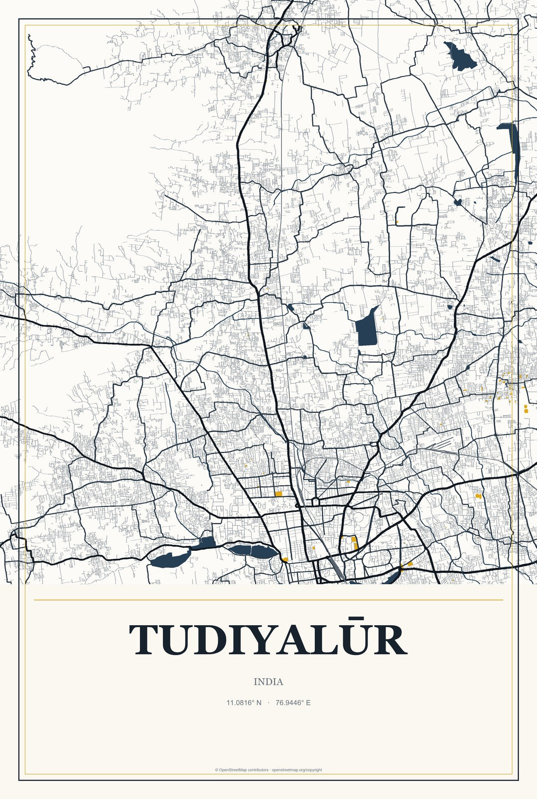 Tudiyalūr, India City Map Aluminum Sign in Citrine Modern style