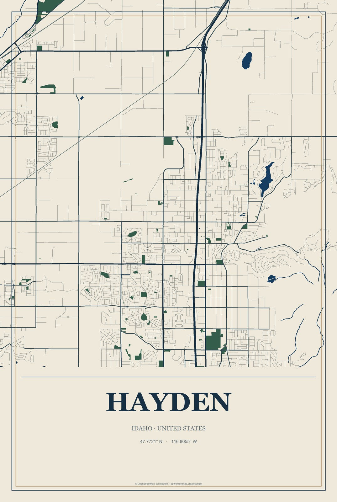 Hayden, Idaho City Map Aluminum Sign in Coastal Cutout style