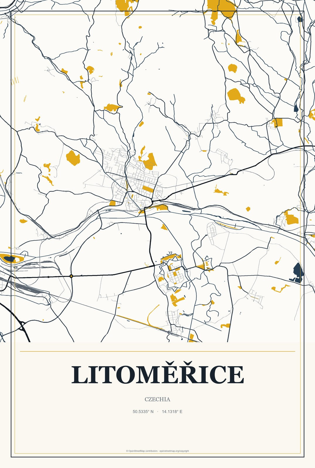 Litoměřice, Czechia City Map Aluminum Sign in Citrine Modern style