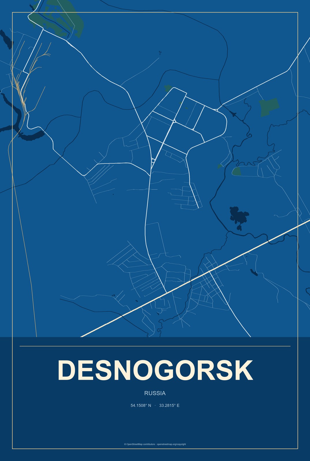 Desnogorsk, Russia City Map Aluminum Sign in Harbor Cobalt style