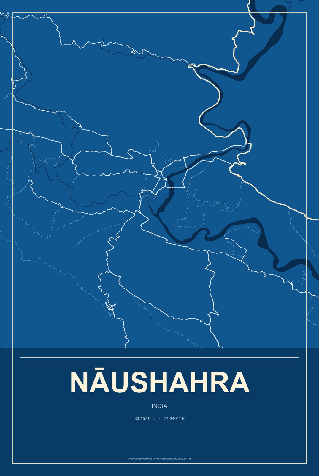 Nāushahra, India City Map Aluminum Sign in Harbor Cobalt style