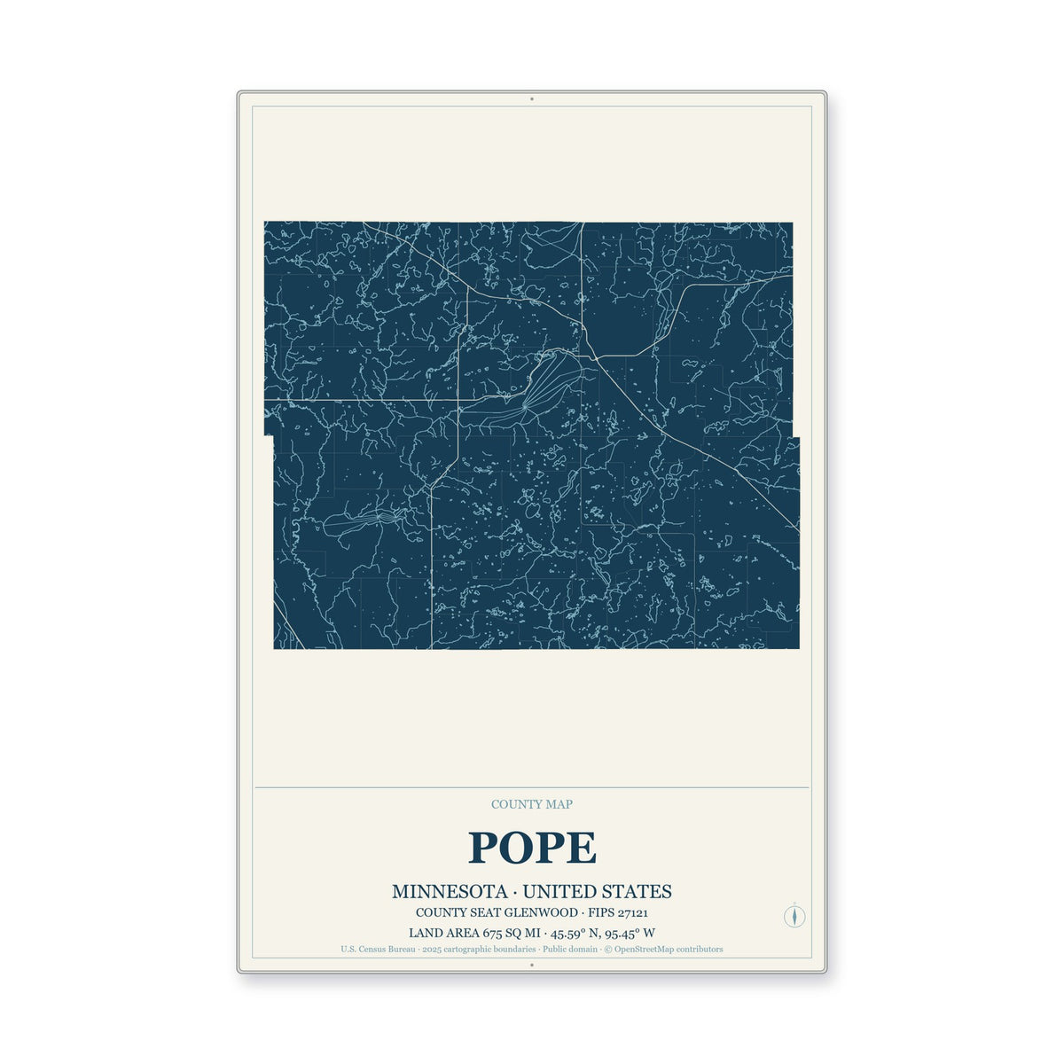 Pope County, Minnesota Map Aluminum Sign in Coastal Cutout style
