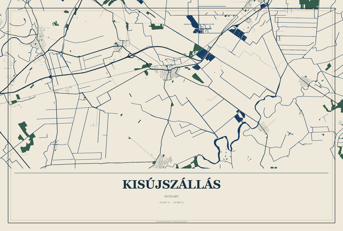 Kisújszállás, Hungary City Map Aluminum Sign in Coastal Cutout style