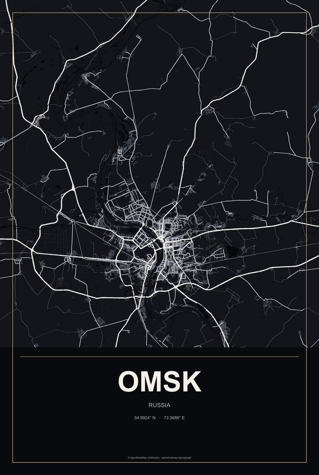Omsk, Russia City Map Aluminum Sign in Metropolitan Noir style