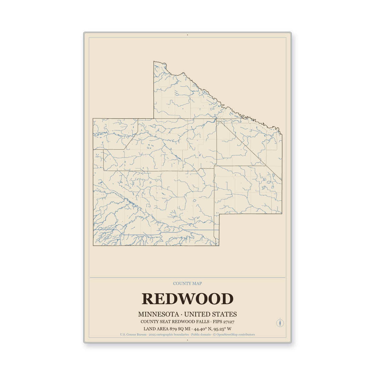 Redwood County, Minnesota Map Aluminum Sign in Heritage Nautical style