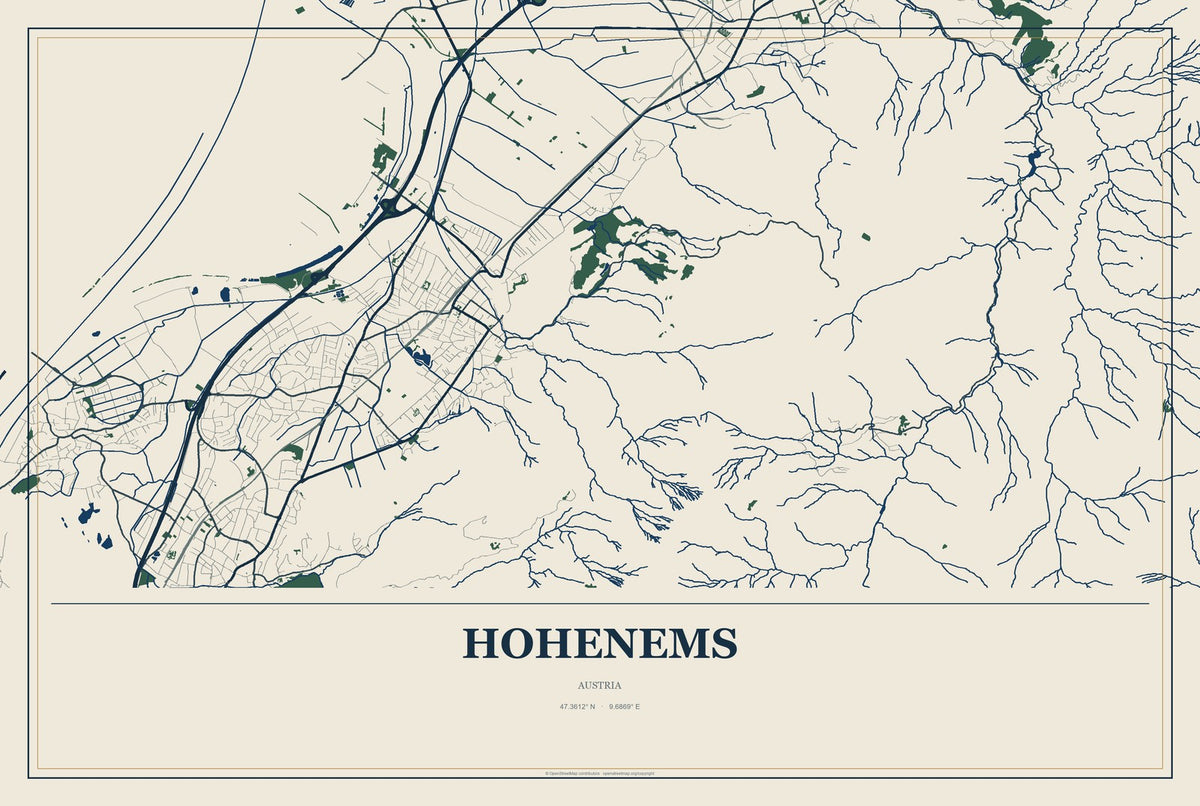 Hohenems, Austria City Map Aluminum Sign in Coastal Cutout style