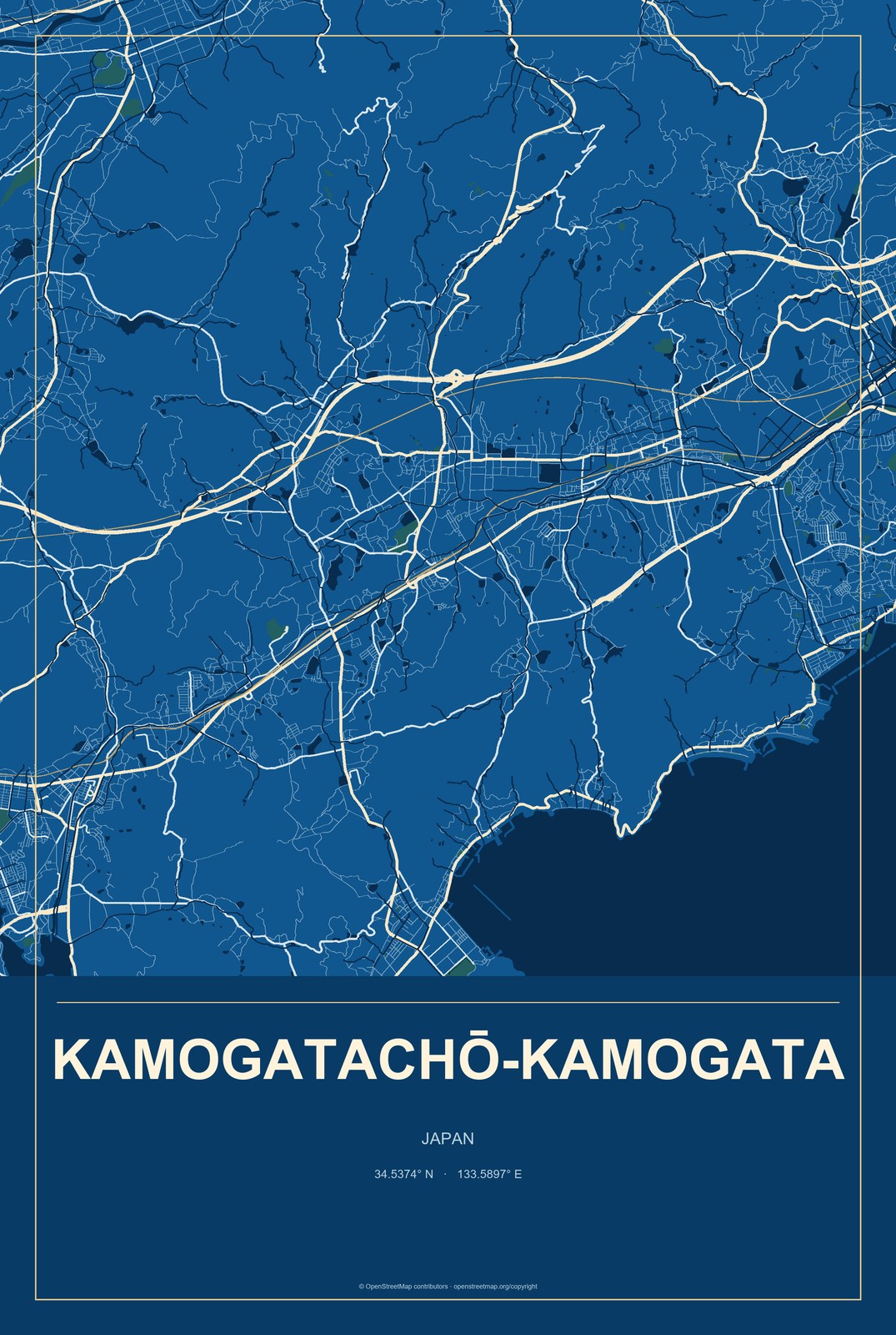 Kamogatachō-kamogata, Japan City Map Aluminum Sign in Harbor Cobalt style