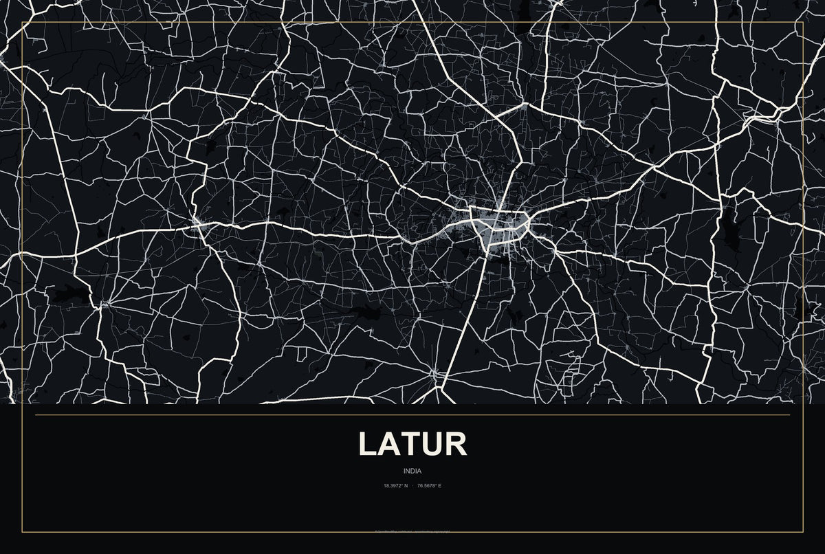 Latur, India City Map Aluminum Sign in Metropolitan Noir style