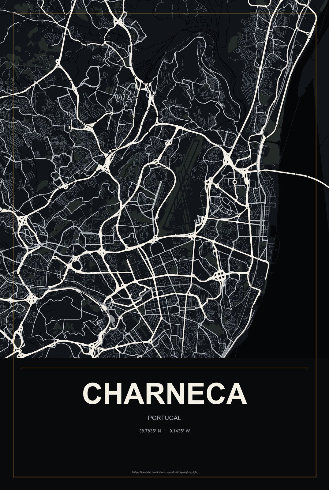 Charneca, Portugal City Map Aluminum Sign in Metropolitan Noir style