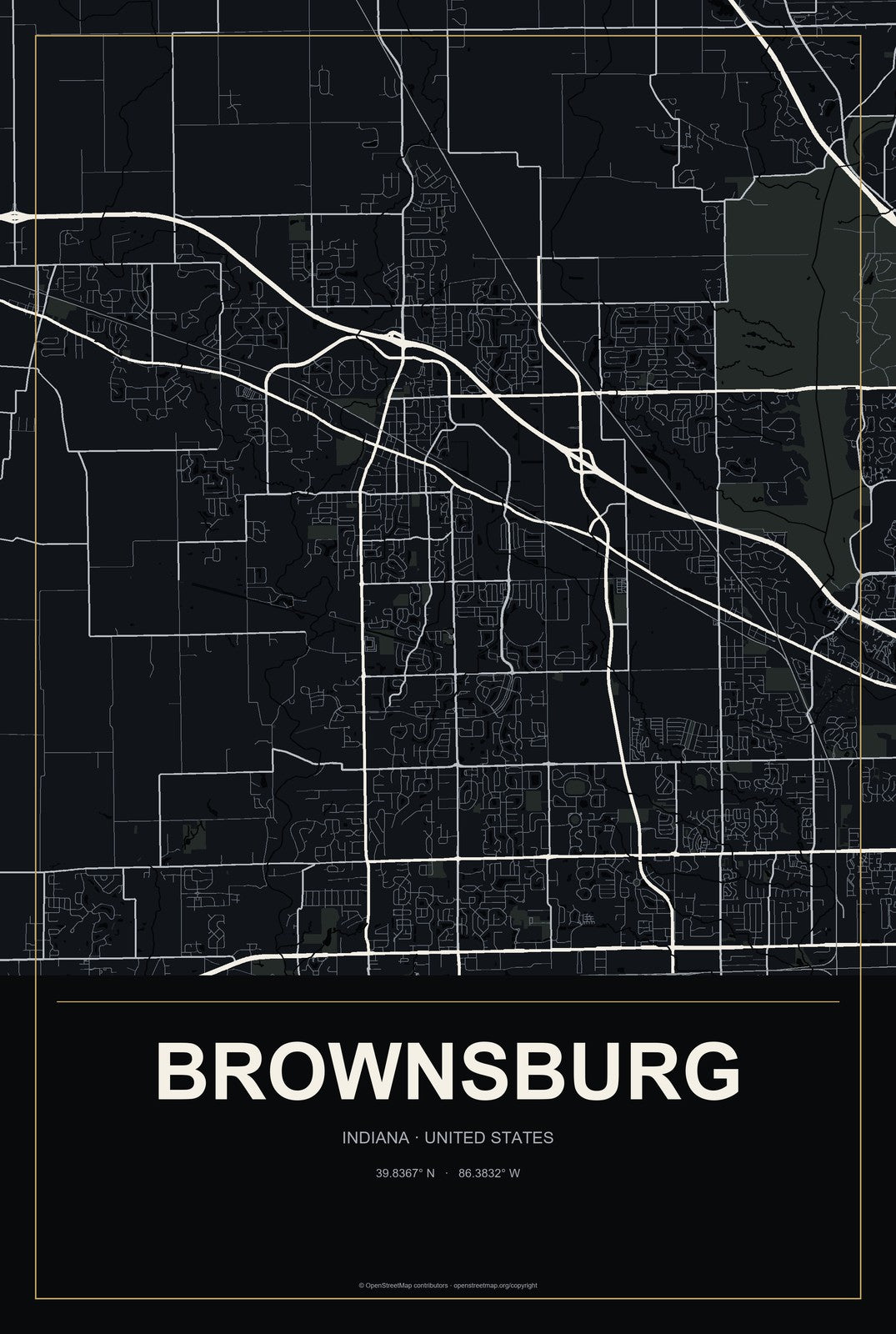 Brownsburg, Indiana City Map Aluminum Sign in Metropolitan Noir style