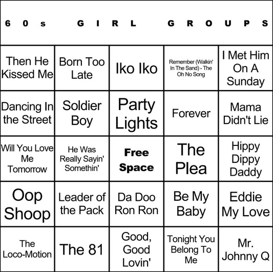 60s Girl Groups laminated music bingo card example
