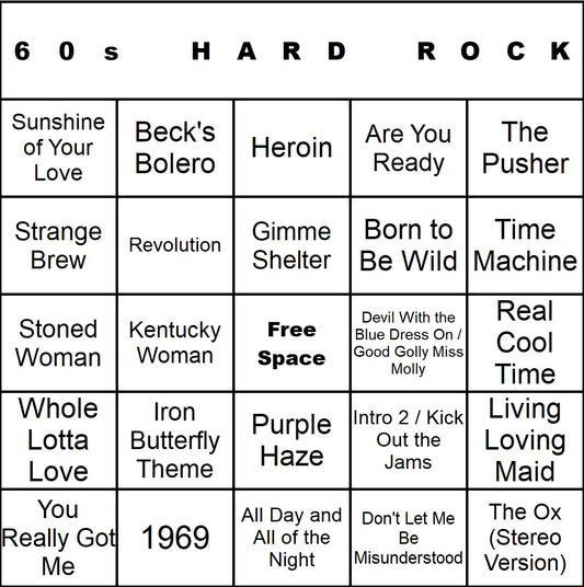 60s Hard Rock music bingo single-card example