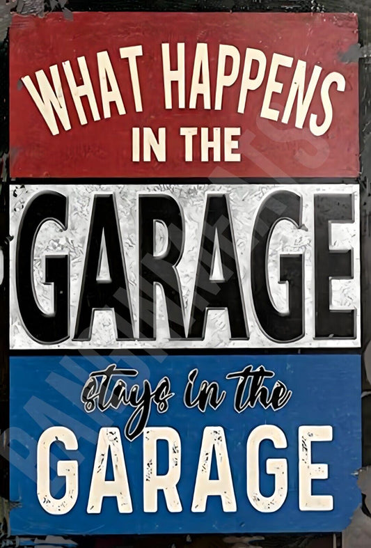 What Happens In The Garage Stays Funny Sign  Aluminum Metal Sign