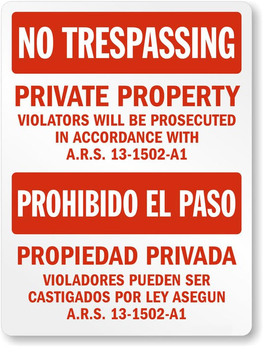 Arizona Bilingual Private Property No Trespassing Aluminum Weatherproof  Sign p00683