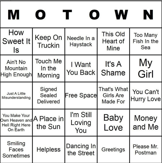 100 Motown Music Bingo Cards Printed And Laminated With Playlists