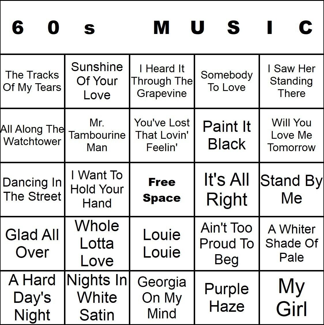 100 60s Music Bingo Cards Printed And Laminated With Playlists