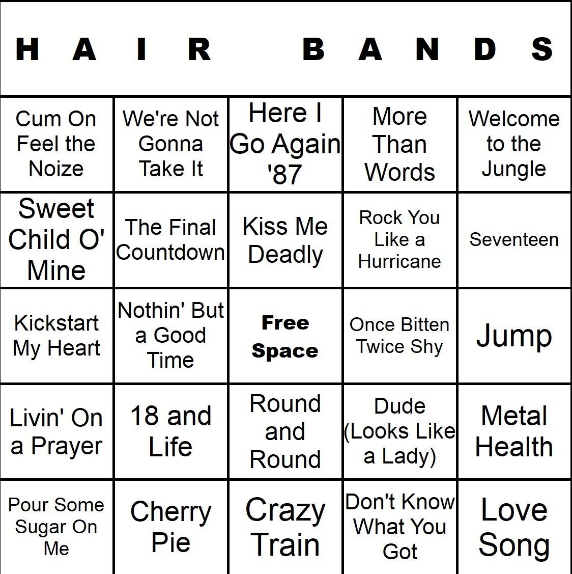 Hair Bands 100 Music Bingo Cards Printed And Laminated With Playlists