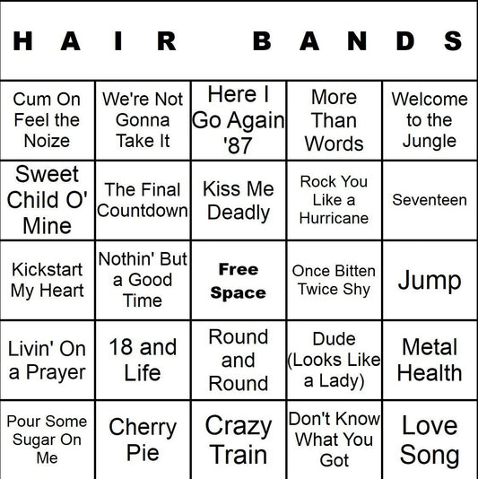 Hair Bands 100 Music Bingo Cards Printed And Laminated With Playlists