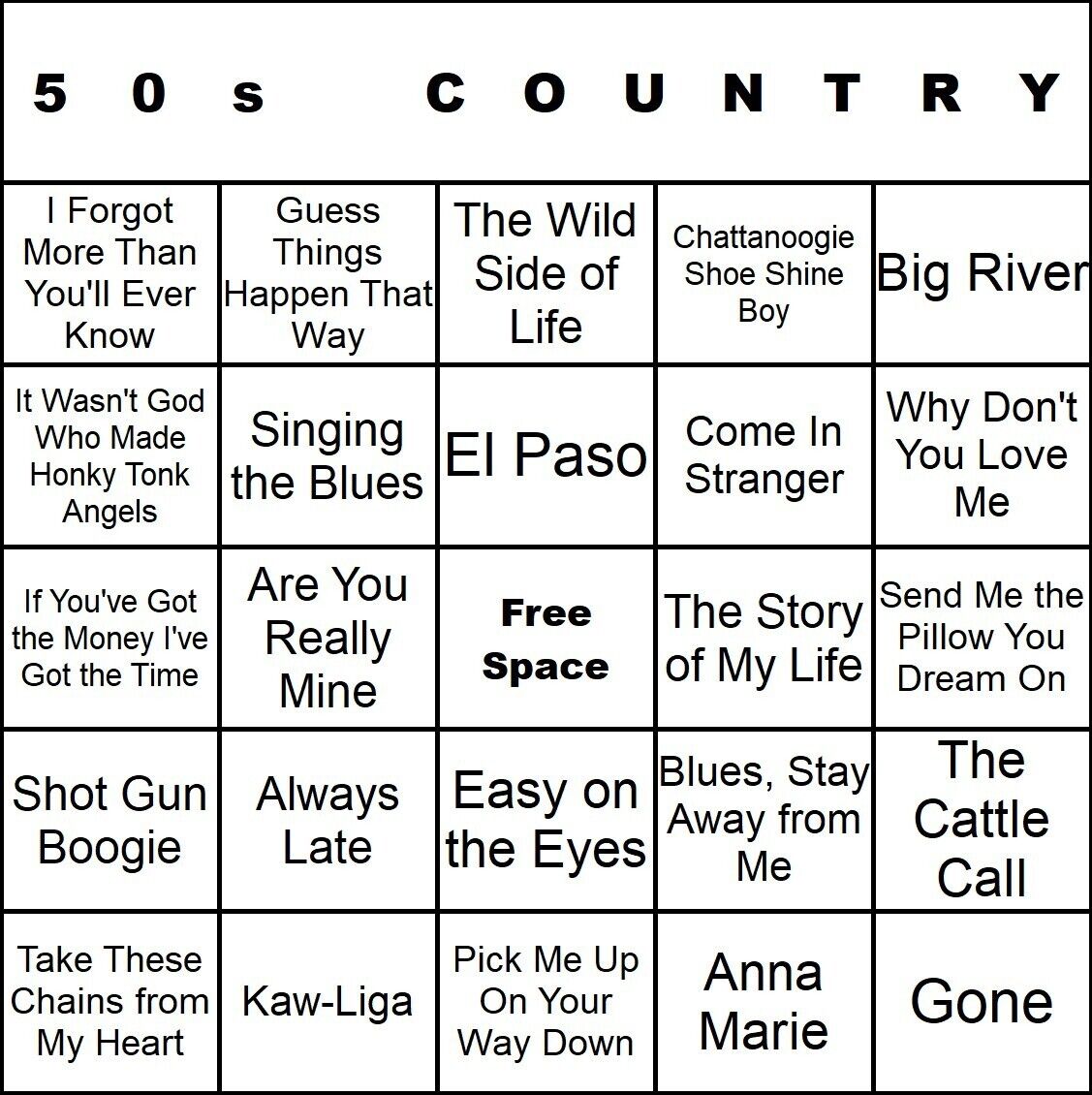 50s Country 100 Music Bingo Cards Printed And Laminated With Playlists