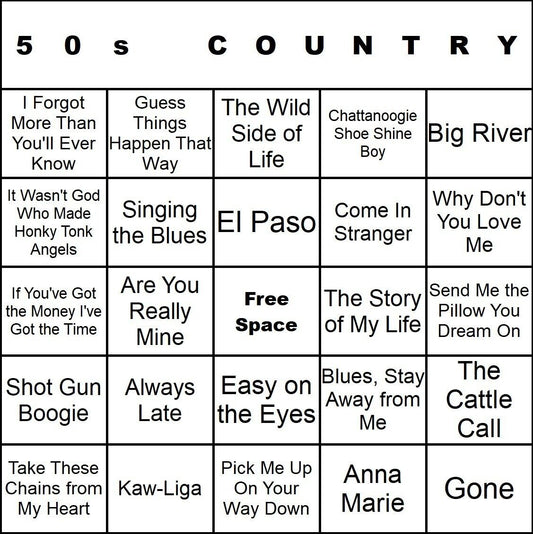 50s Country 100 Music Bingo Cards Printed And Laminated With Playlists