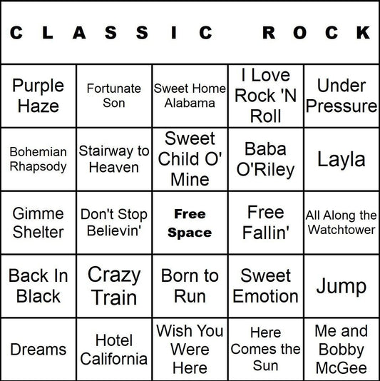 Classic Rock 100 Music Bingo Cards Printed And Laminated With Playlists