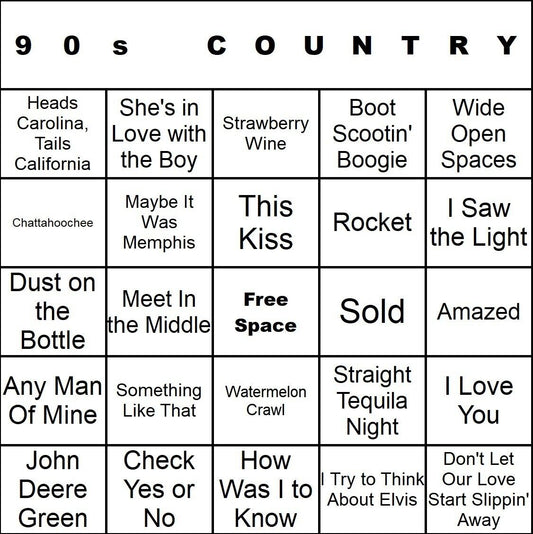 90s Country 100 Music Bingo Cards Printed And Laminated With Playlists