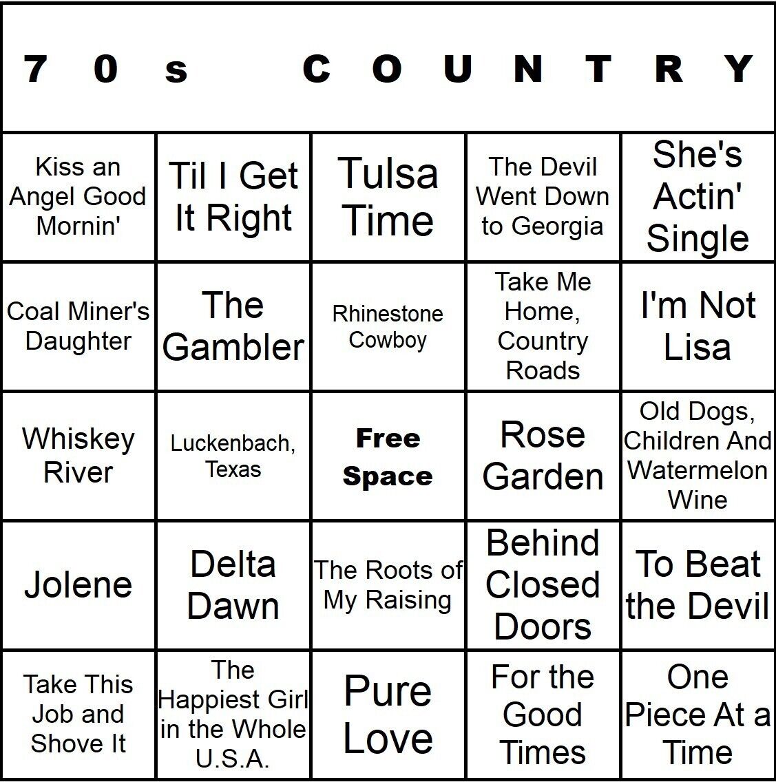 70s Country 100 Music Bingo Cards Printed And Laminated With Playlists