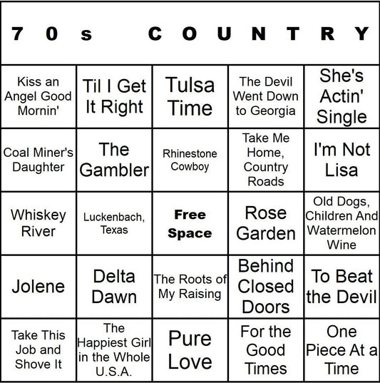 70s Country 100 Music Bingo Cards Printed And Laminated With Playlists