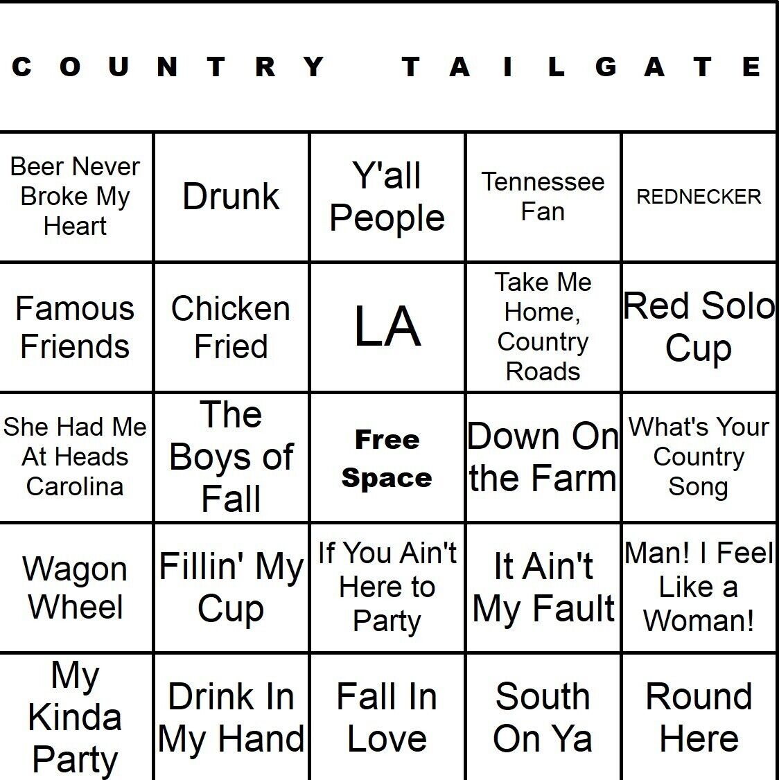 Country Tailgate 100 Music Bingo Cards Printed And Laminated With Playlists