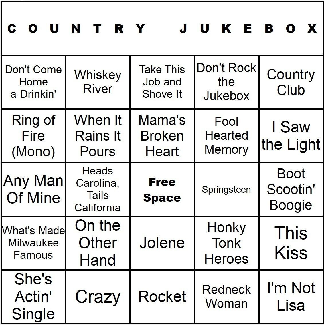 Country Jukebox 100 Music Bingo Cards Printed And Laminated With Playlists