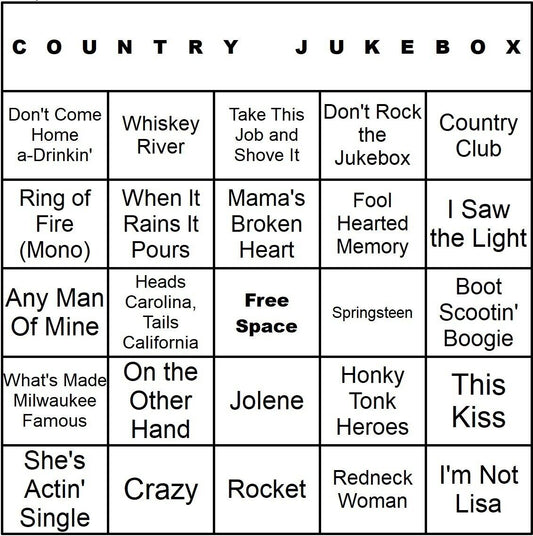 Country Jukebox 100 Music Bingo Cards Printed And Laminated With Playlists