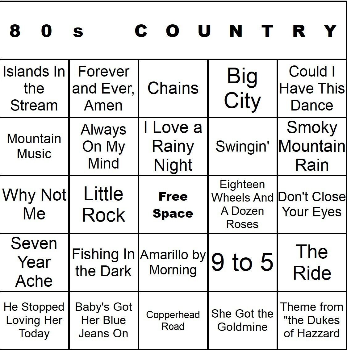 80s Country 100 Music Bingo Cards Printed And Laminated With Playlists