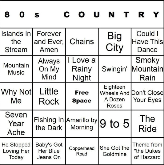 80s Country 100 Music Bingo Cards Printed And Laminated With Playlists