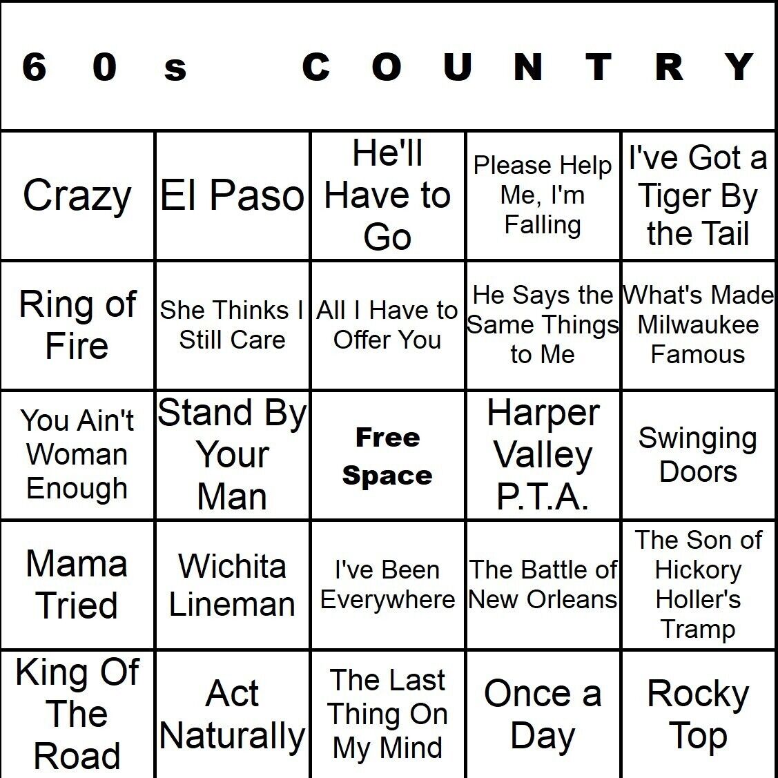 60s Country 100 Music Bingo Cards Printed And Laminated With Playlists