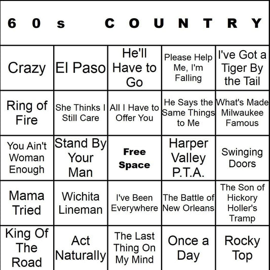 60s Country 100 Music Bingo Cards Printed And Laminated With Playlists