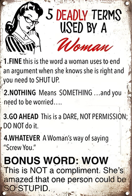 5 Deadly Terms Used By A Woman Funny Sign  Aluminum Metal Sign