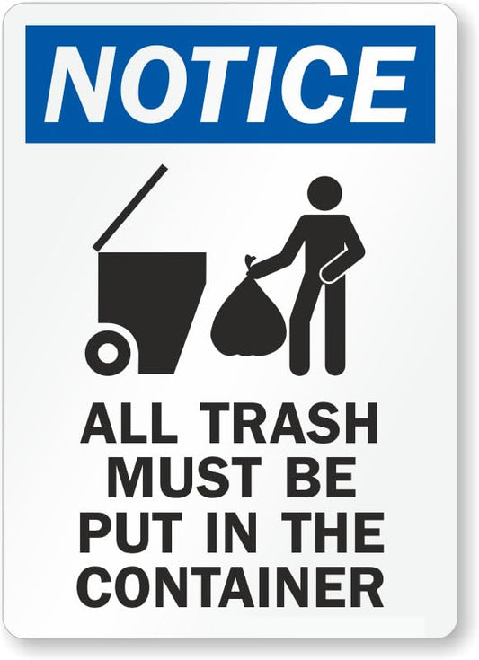 All Trash Must Be Put In Container Osha Notice Aluminum Weatherproof  Sign p00571